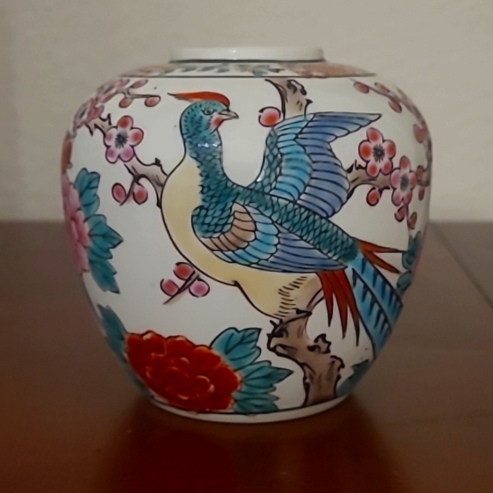 Colorful Antique Asian Bird Motif Ceramic Vase